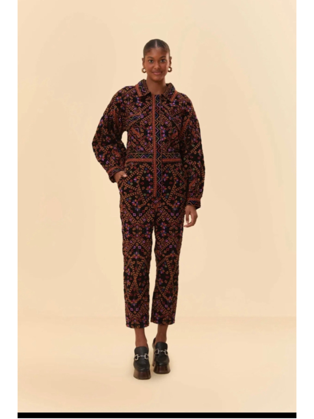 Women's Farm Rio Embroidered Long Sleeve Jumpsuit Black Multi-color XS